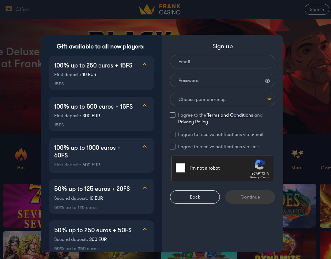 registration Frank online casino